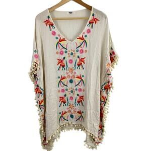 Bubba Flamingo Embroidered Swim Coverup Fringe One Size